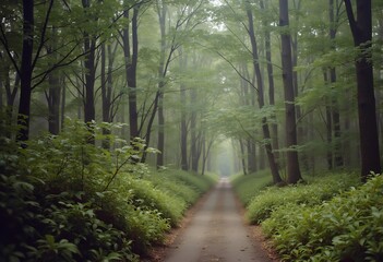 Obraz premium Into the Mist: A winding dirt road through a dense forest, with the path leading to a light mist-covered horizon. The green trees line the way.