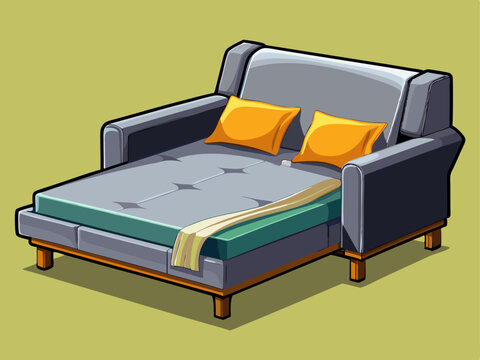 A professional vector of a modern gray sleeper sofa in open bed position, placed on a light background, stylish and practical design