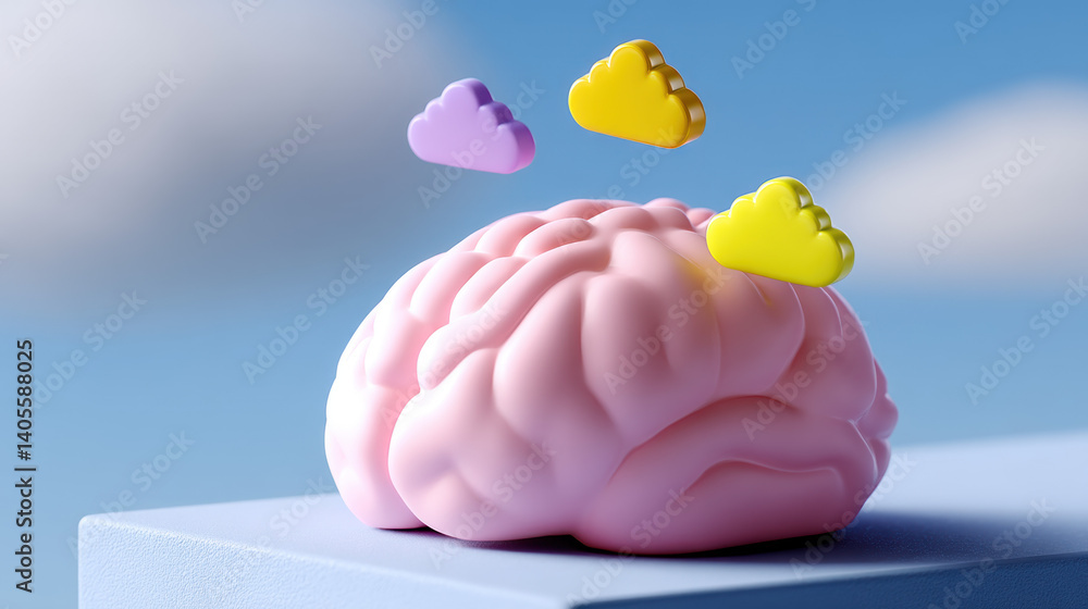 Poster brain 3d, an illustration of a brain with floating icons in a flat design, perfect for representing 