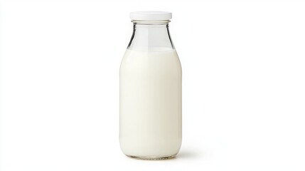 Pasteurized milk pure. A clear glass bottle filled with fresh milk, showcasing a simple and clean design against a plain white background.