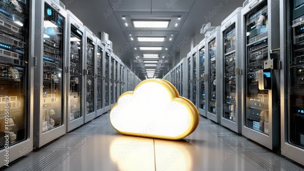 Aufkleber cloud server room: a glowing cloud icon sits in the center of a long server room, symbolizing cloud 