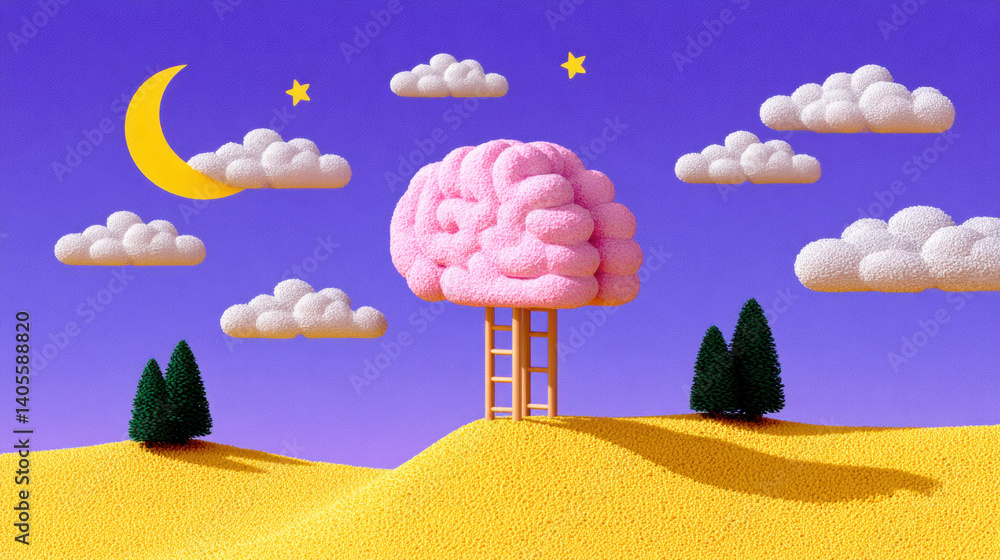Poster brain 3d, illustration of left brain logic with a chaotic twist, featuring a high-fidelity flat desi