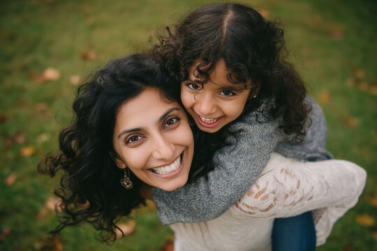 Happy indian mother having fun with her daughter outdoor - Family people and love concept - Focus on mum face