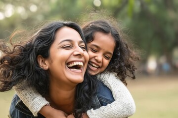 Obraz premium Happy indian mother having fun with her daughter outdoor - Family people and love concept - Focus on mum face
