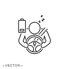 sleeping man the while driving icon, tired or drowsy person on road, drowsy fatigued driver concept, thin line symbol isolated on white background, eps 10 vector illustration