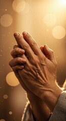 Manos juntas en oración, luz dorada