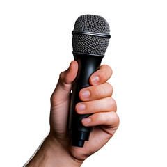 Stock image of hand holding microphone singing karaoke music speech recording audio equipment black backgroundisolated on a transparent background.