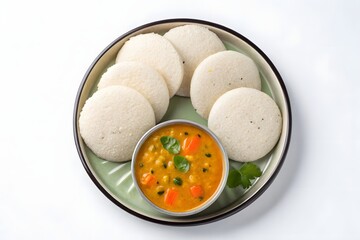 Top view of traditional South Indian breakfast showing soft steamed idlis arranged in a round plate with a bowl of flavorful vegetable sambar. 
