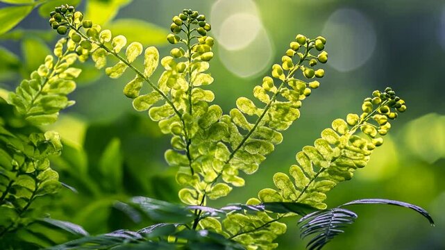 Lush green fern leaves basking in sunlight, surrounded by a vibrant blurred background