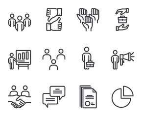 Business people boss employee team working together. Business success teamwork concept. Flat lined thin isolated icon set