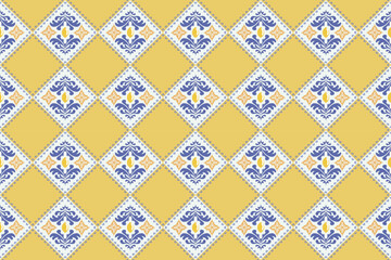 Damask vector seamless pattern. Ikat ornament. Ethnic South Western decor style. Ikat Boho geometric ornament. Vector seamless pattern. Mexican blanket, rug. Woven carpet