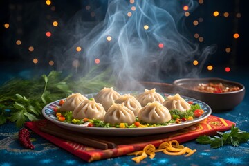 A beautifully arranged plate of traditional steamed momos served with spicy chutney on a festive blue background. Steam rises from the freshly prepared dumplings, surrounded by herbs and spices.