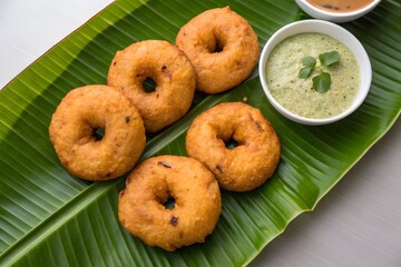 Traditional South Indian breakfast featuring crispy Medu Vada served on a banana leaf with flavorful sambar and creamy coconut chutney, presented in a rustic and authentic Indian style.

