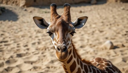 Obraz premium Young Giraffe Portrait, Sandy Enclosure, Curious Gaze