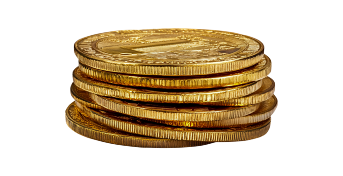 Gold coins stack investment wealth finance savings money currency treasure value rich golden cashisolated on a transparent background.