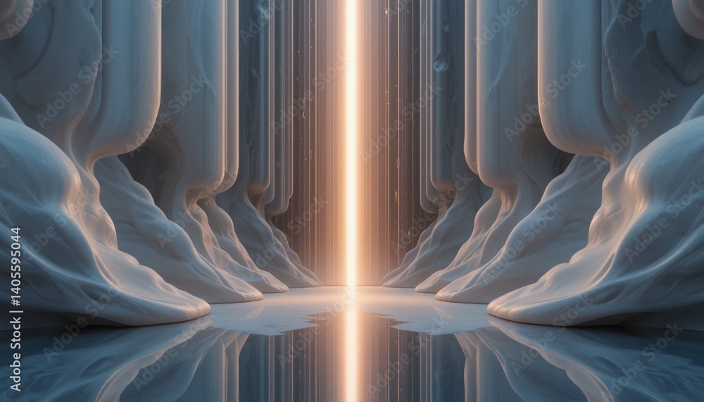 Poster illuminating pathway through abstract structures digital art virtual environment surreal perspective