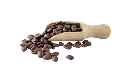 Coffee beans with wooden scoop on white background.