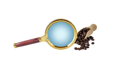 Coffee beans in wooden scoop with magnifier on white background.