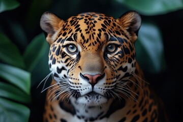 Fototapeta premium Majestic jaguar resting among lush green foliage in a tranquil setting during daylight hours