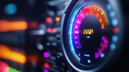 A close-up shot of an LED VU meter displaying sound levels on a DJ mixer, with soft-focus background, with copy space