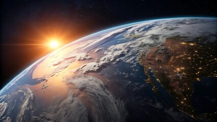 Sunrise over Earth from space, showing continents and city lights.