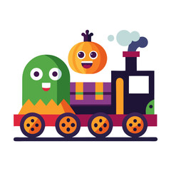 A cheerful Halloween ghost and pumpkin take a whimsical train ride on a colorful, cartoonish locomotive.