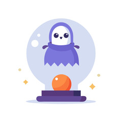 A cute, friendly ghost snuggled in a purple cloak rests inside a clear glass ball atop an orange orb, creating a whimsical, enchanting scene with pastel colors and simple lines.