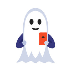 A friendly ghost happily scrolls through its phone, a digital specter enjoying a moment of peaceful online time with simple flat design and bold colors.