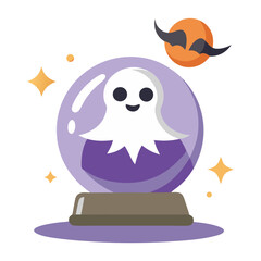 A friendly ghost trapped inside a spooky snow globe on a haunted Halloween night, glowing softly with a whimsical bat and moon.