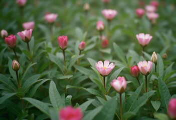 Obraz premium Pink Flowers Meadow: Delicate pink flowers blossom in a vibrant meadow, their petals unfurling in the gentle sunlight. The scene is full of life and tranquility. 