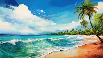 vibrant watercolor painting captures serene beach scene with gentle waves lapping against shore. Lush palm trees sway under bright blue sky, evoking sense of tranquility and beauty