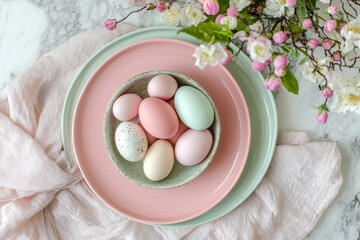 A festive table setting complete with decorative eggs and fresh flowers is ideal for spring celebrations