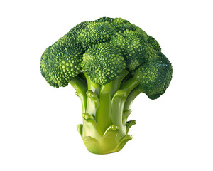 A vibrant, single head of broccoli, showcasing its green florets and stem against a light green background.