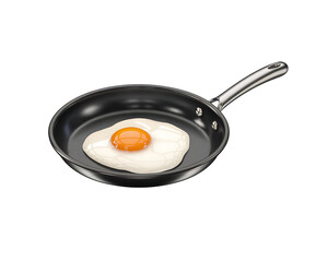 A single fried egg with a runny yolk sits in a black frying pan against isolated on white