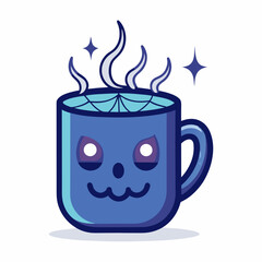 A cute spooky blue mug with a jack-o'-lantern face and a spiderweb, steaming with a magical glow, perfect for Halloween.
