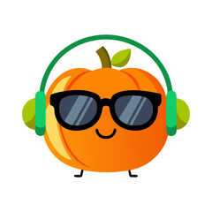 A groovy pumpkin rocking out with headphones and shades, enjoying the autumn vibes in a playful, minimalist style.