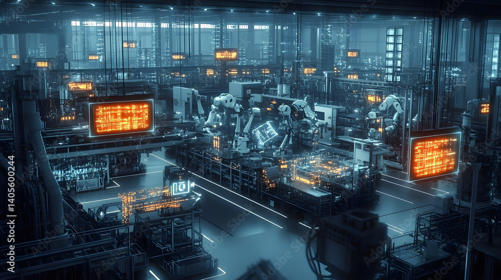 Poster futuristic industry 4 0 factory floor with robots and iot devices seamlessly integrating, optimizing