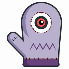 A whimsical purple oven mitt with a single cycloptic eye, stitched details, and a playful zigzag pattern, showcasing charmingly quirky character design.