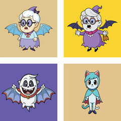 Cartoon Character Collection Halloween Themed Designs Featuring Bat Witch And Cat Costume