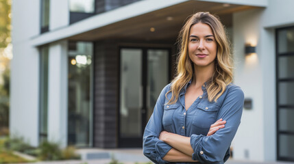 A Confident White Female Realtor in Front of Modern Home, Outdoor Real Estate Portrait