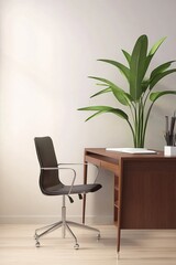 Sleek wooden desk with ergonomic chair and potted plant in a minimalist home office workspace