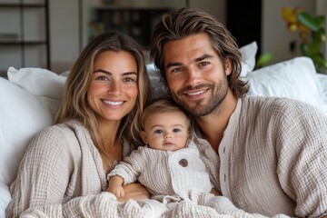 Fototapeta premium Happy family portrait with mother, father, and baby smiling at the camera in a light-filled setting