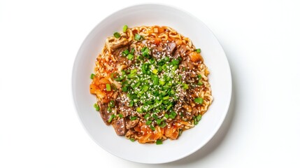 Steaming bowl of noodles on white