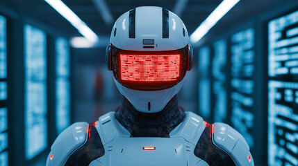 Futuristic Robot with Red LED Display in a Tech Environment