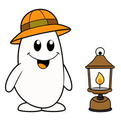 A cheerful explorer ghost embarking on a whimsical adventure with its trusty lantern, simple bold lines and bright colors.