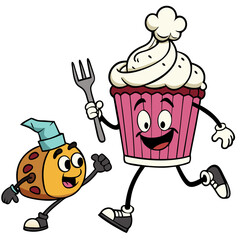 A cheerful cupcake and ladybug friend dash toward a delicious treat, a playful cartoon adventure with bold outlines and bright colors.