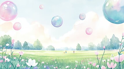 シャボン玉と花畑で遊ぶ子供