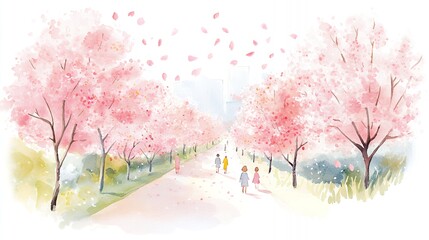 桜吹雪舞う春の散歩道風景