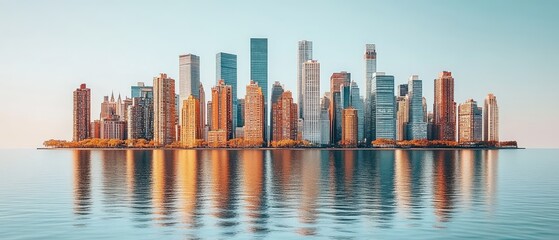 Obraz premium Cityscape reflecting on water skyscrapers, autumn trees, serene, bright blue sky, calm water