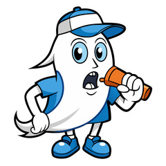 A spirited ghost mascot, wearing a blue cap and shirt, enthusiastically announces an exciting event with a playful, cartoonish style.